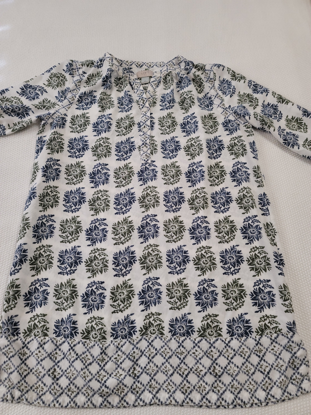 LOFT White Long-Sleeve Tunic with Blue & Green Floral Print